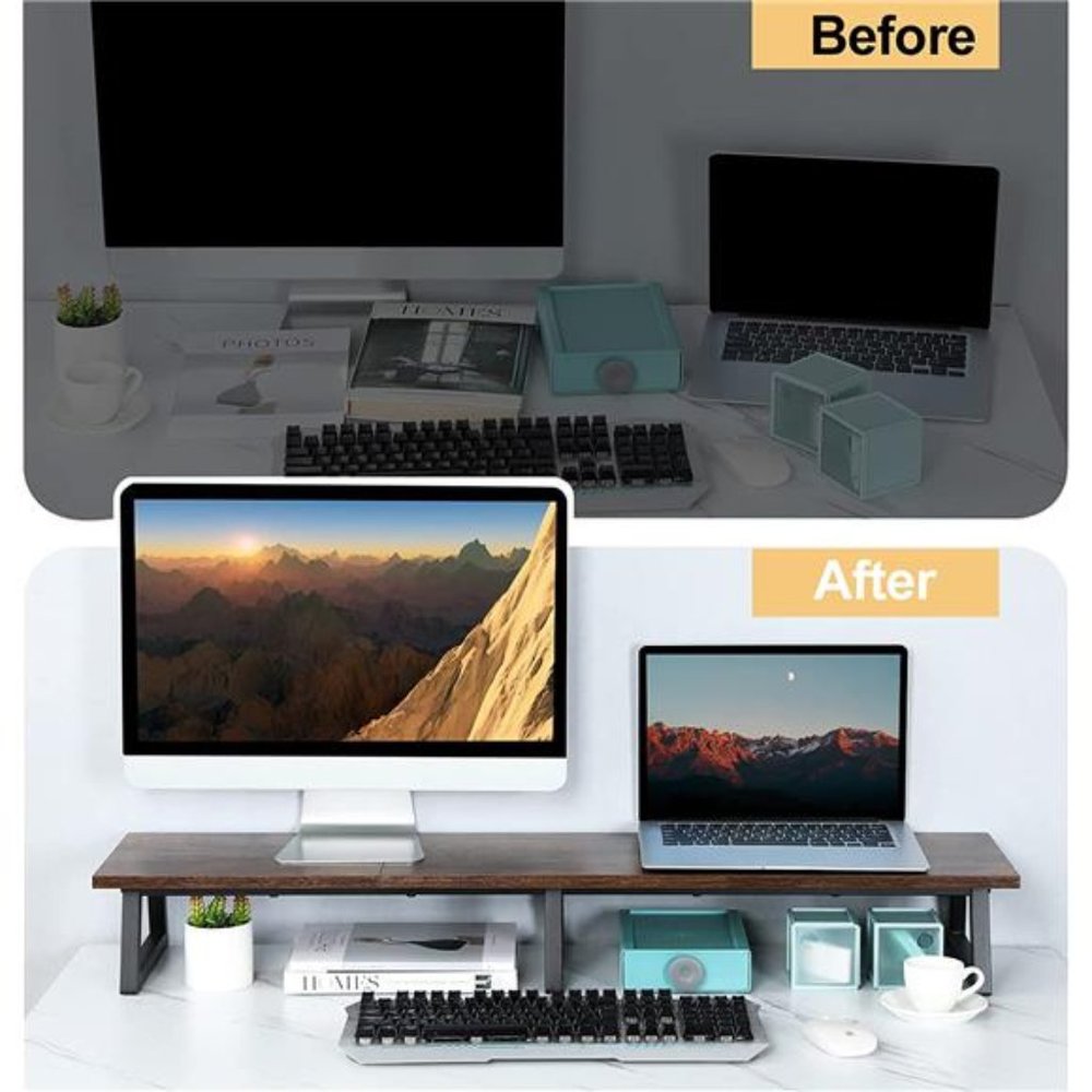 42 inch Large Dual Monitor Riser, Rustic Brow Wood & Steel Desktop Riser - Picture 5 of 6